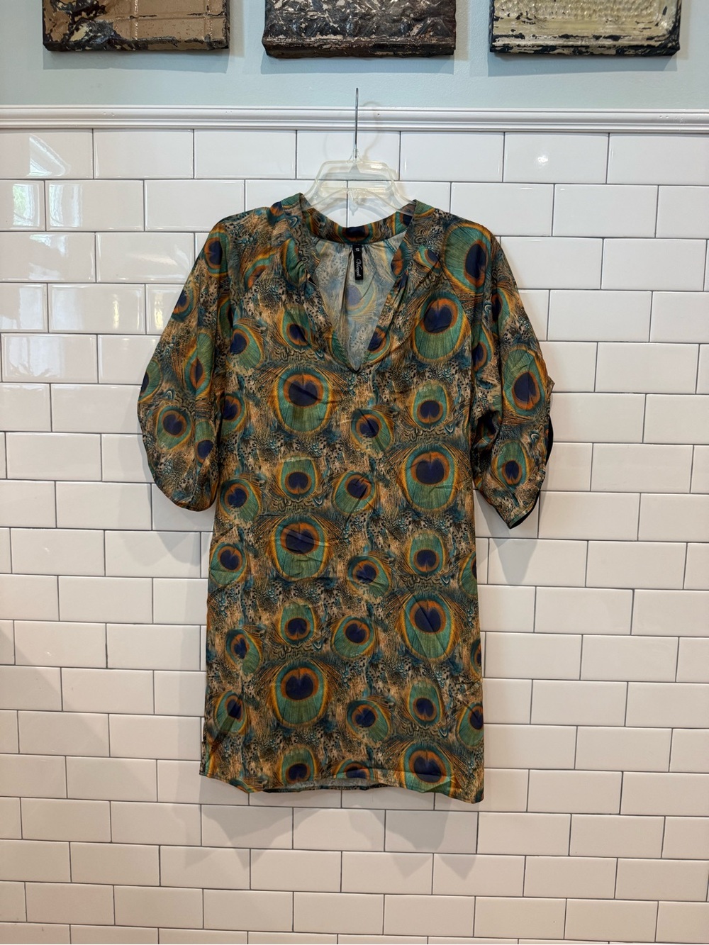 Viereck Peacock-Print Shift Dress - Teal, Gold & Navy Accents